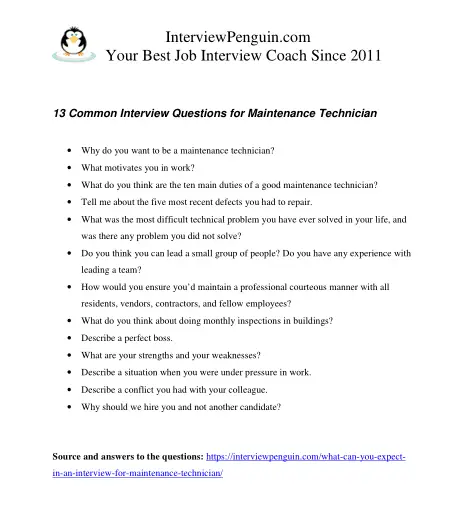 13 Interview Questions and Answers for Maintenance Technicians