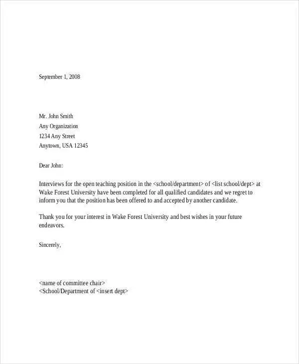 Candidate Rejection Letter After Interview For Your Needs