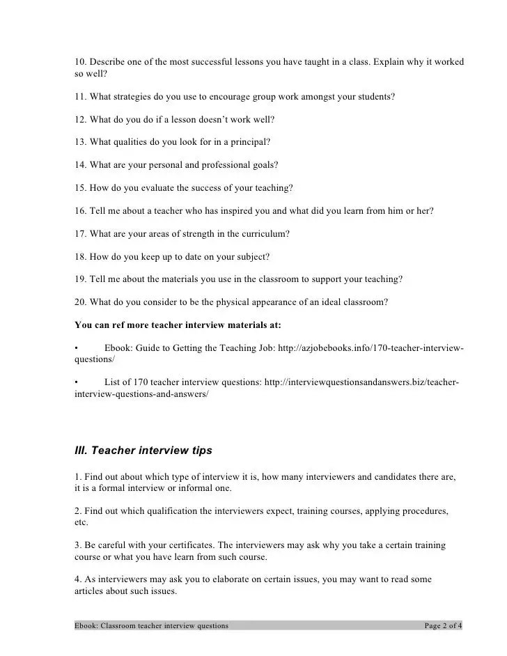 Classroom teacher interview questions