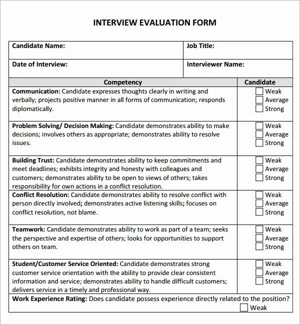 Employee Interview Evaluation form Lovely Sample Interview Evaluation 7 ...
