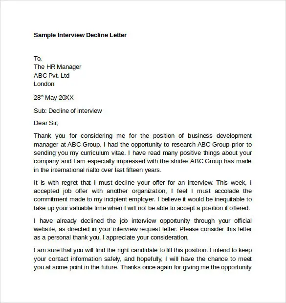 Example Of Interview Regret Letter