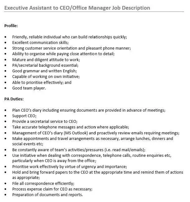 Executive Assistant To Ceo And Office Manager Job Description / Top 30 ...