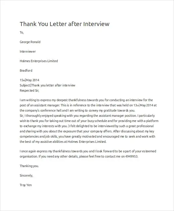 FREE 9+ Sample Interview Thank You Letter Templates in MS ...