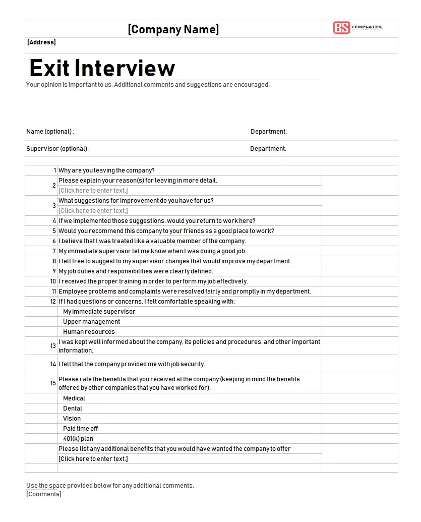 Free Exit Interview Template &  Forms for Excel