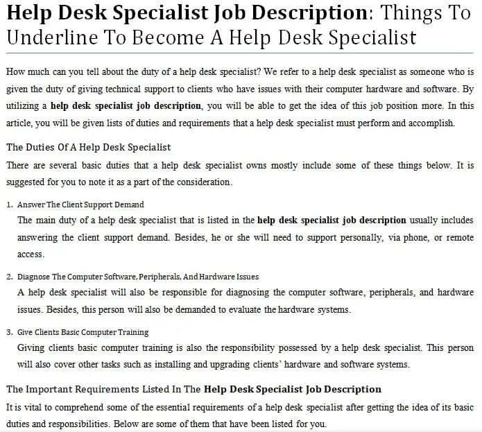 Help Desk Job Description