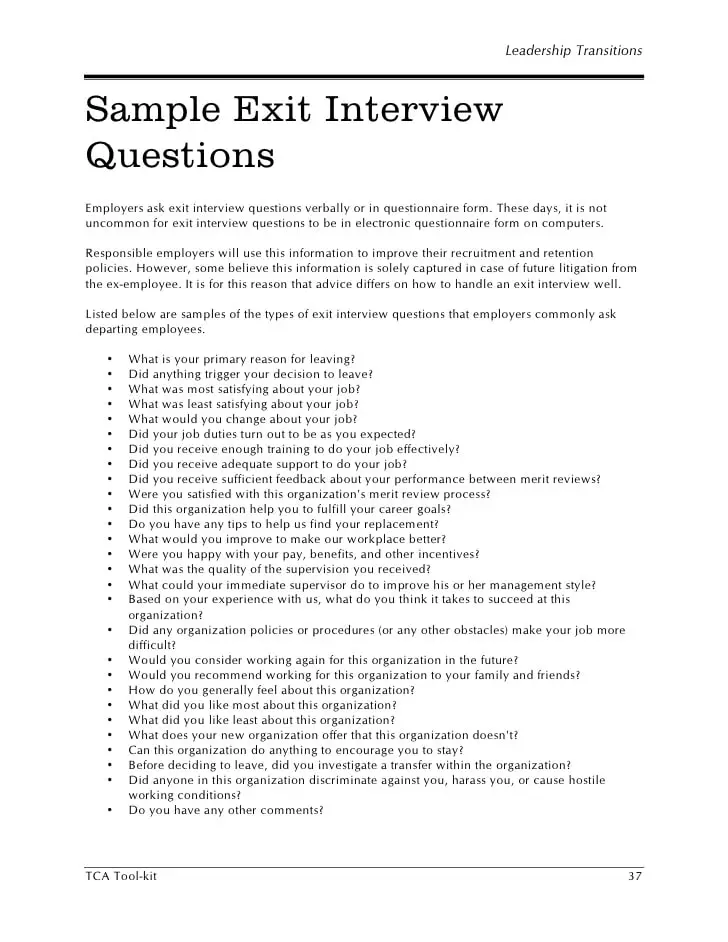 Hr sample exit interview questions