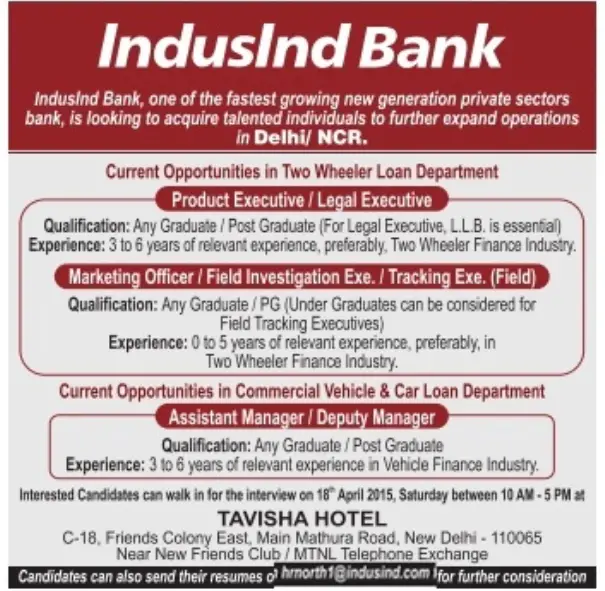 Indusind Bank Recruitment 2015 Walk in Interview