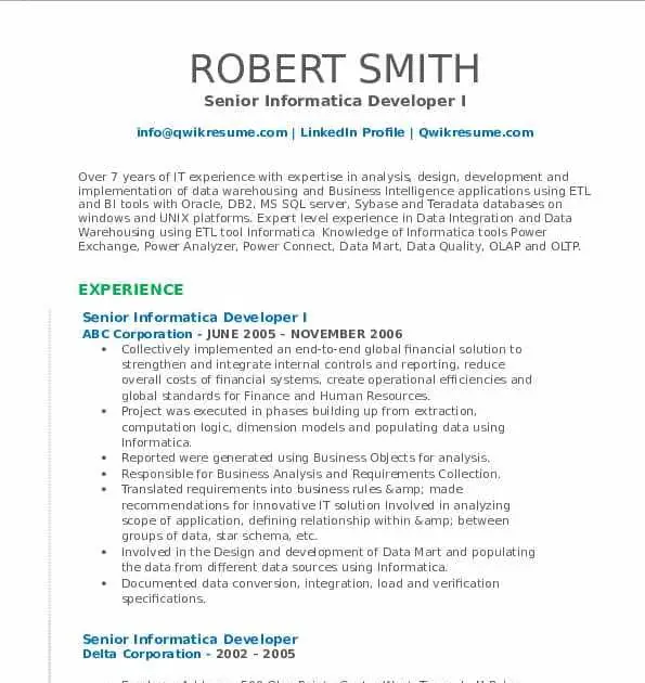 Informatica Developer Resume For 5 Years Experience