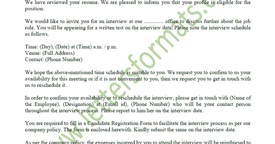 Interview Call Letter to Candidate from HR Department (Sample)