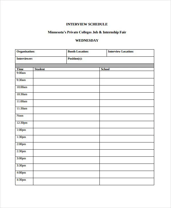 Interview Schedule Template Excel  printable schedule template