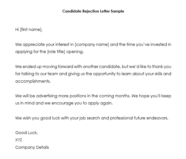 Job Rejection Email Sample