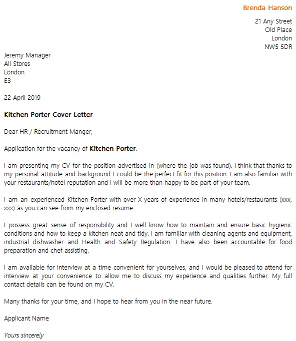 Kitchen Porter Cover Letter Example