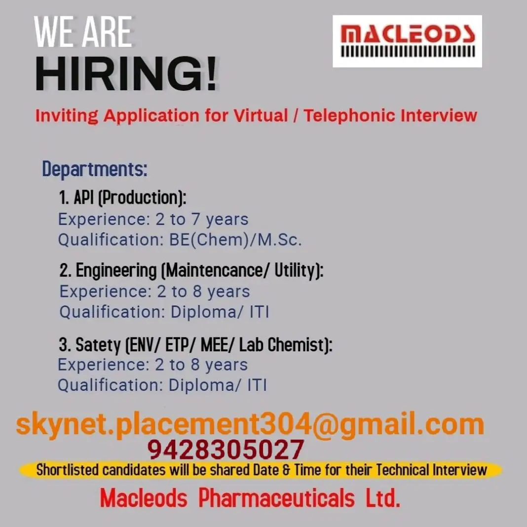 Macleods PharmaceuticalS Virtual Telephonic interview for Production ...