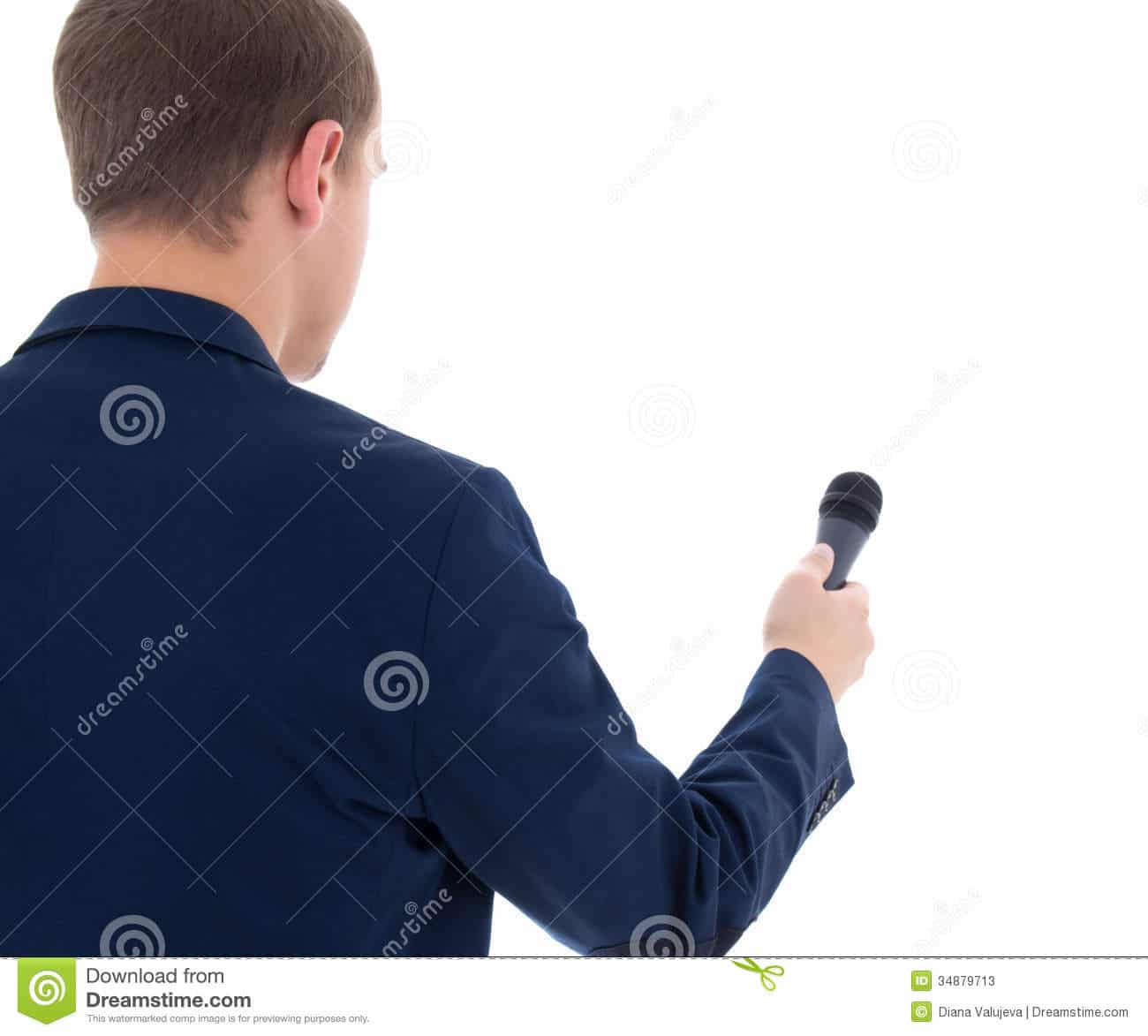 Reporter Holding Microphone Isolated On White Background Stock Photos ...