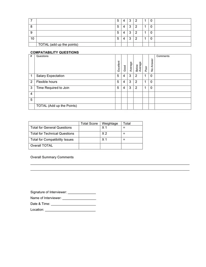 Sample job interview score sheet in Word and Pdf formats ...
