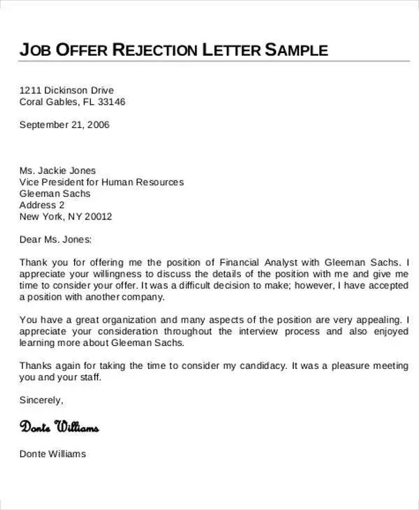 Sample letter for job application rejection