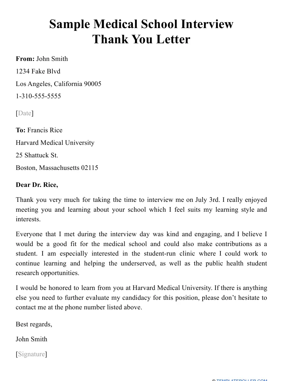 Sample Medical School Interview Thank You Letter Download ...