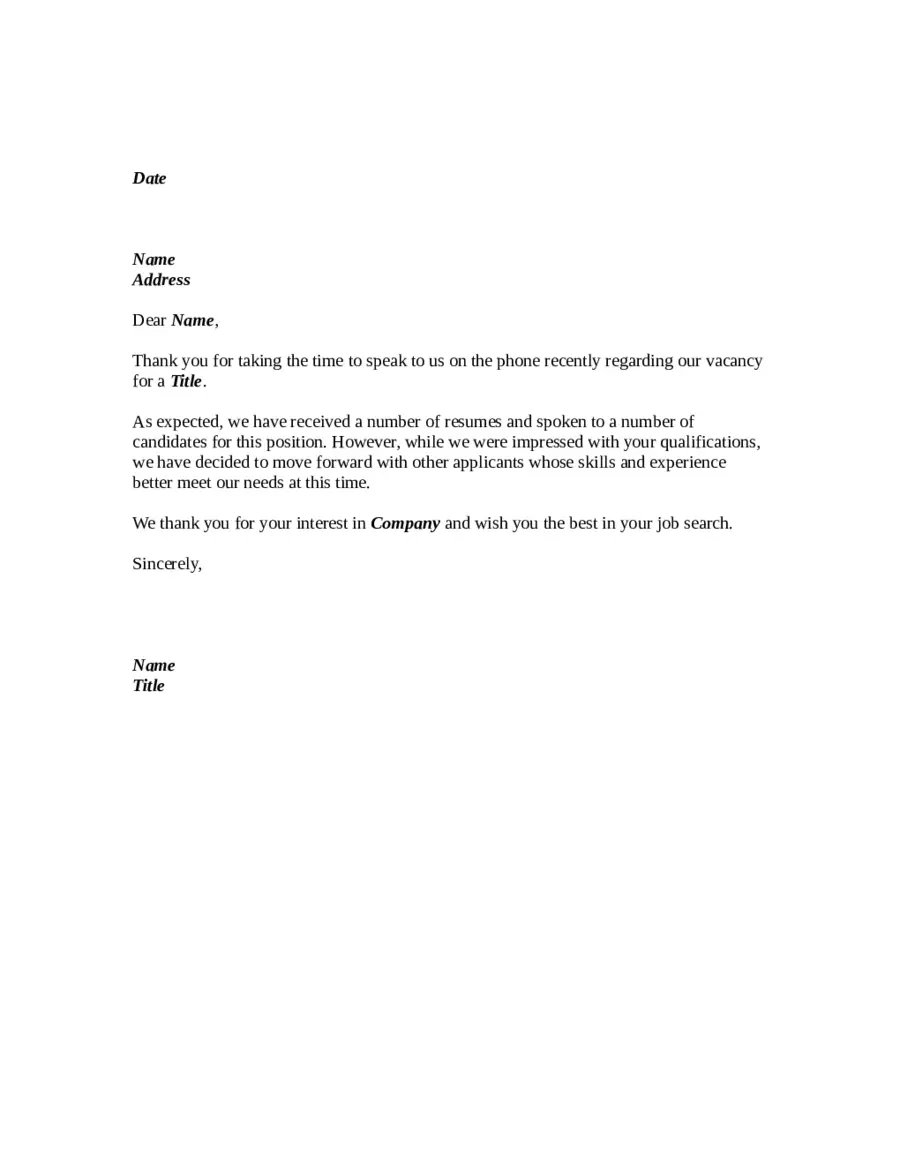 Sample Phone Interview Rejection letter Template