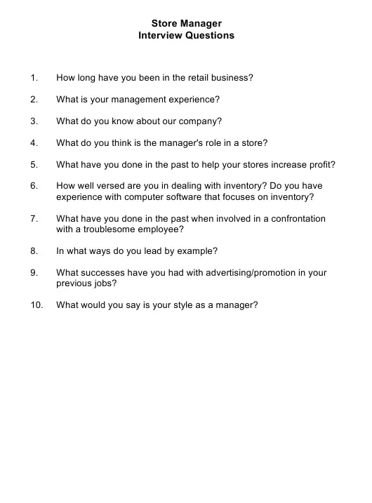 Sample Store Manager Interview Questions Download Printable PDF ...