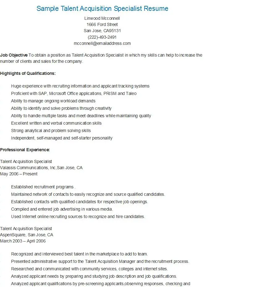 Sample Talent Acquisition Specialist Resume