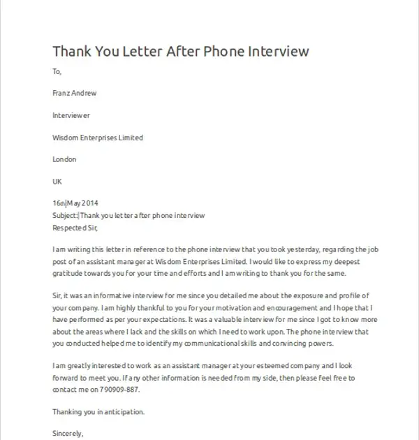 Sample Thank You Letter After Interview