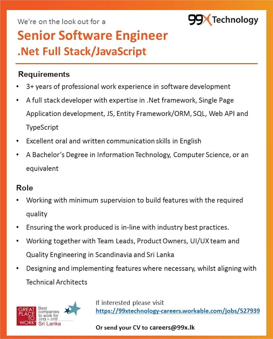 Senior Software Engineer .Net Full Stack/ JavaScript at 99X Technology