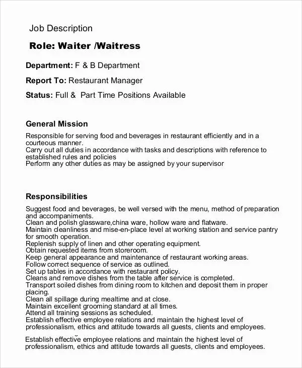Server Job Description Resume Inspirational Sample Waitress Job ...