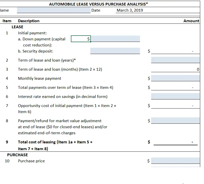 Solved: 2. Lease Vs. Purchase Car Decision. Use Worksheet ...