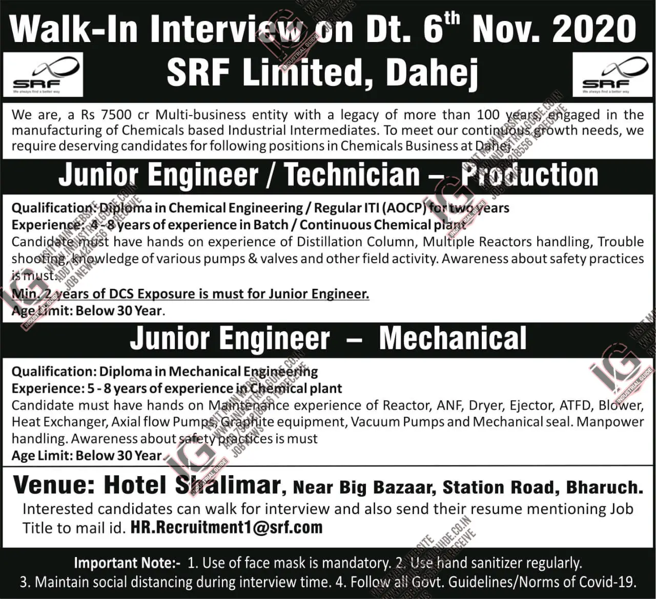 SRF Limited Dahej interview in 2020 November 06th for Production ...