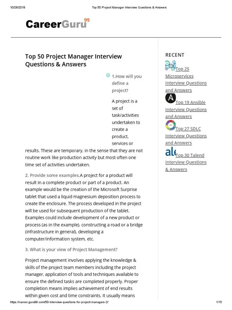 Top 50 Project Manager Interview Questions &  Answers