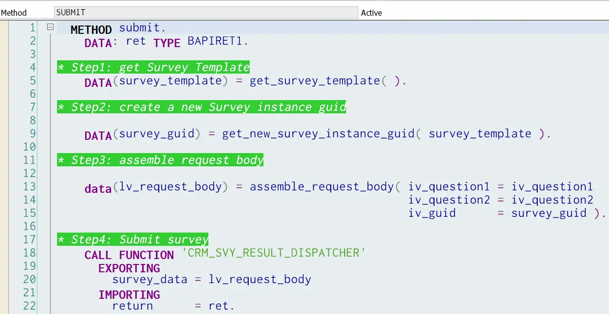 Use ABAP code to fill CRM Survey question and submit